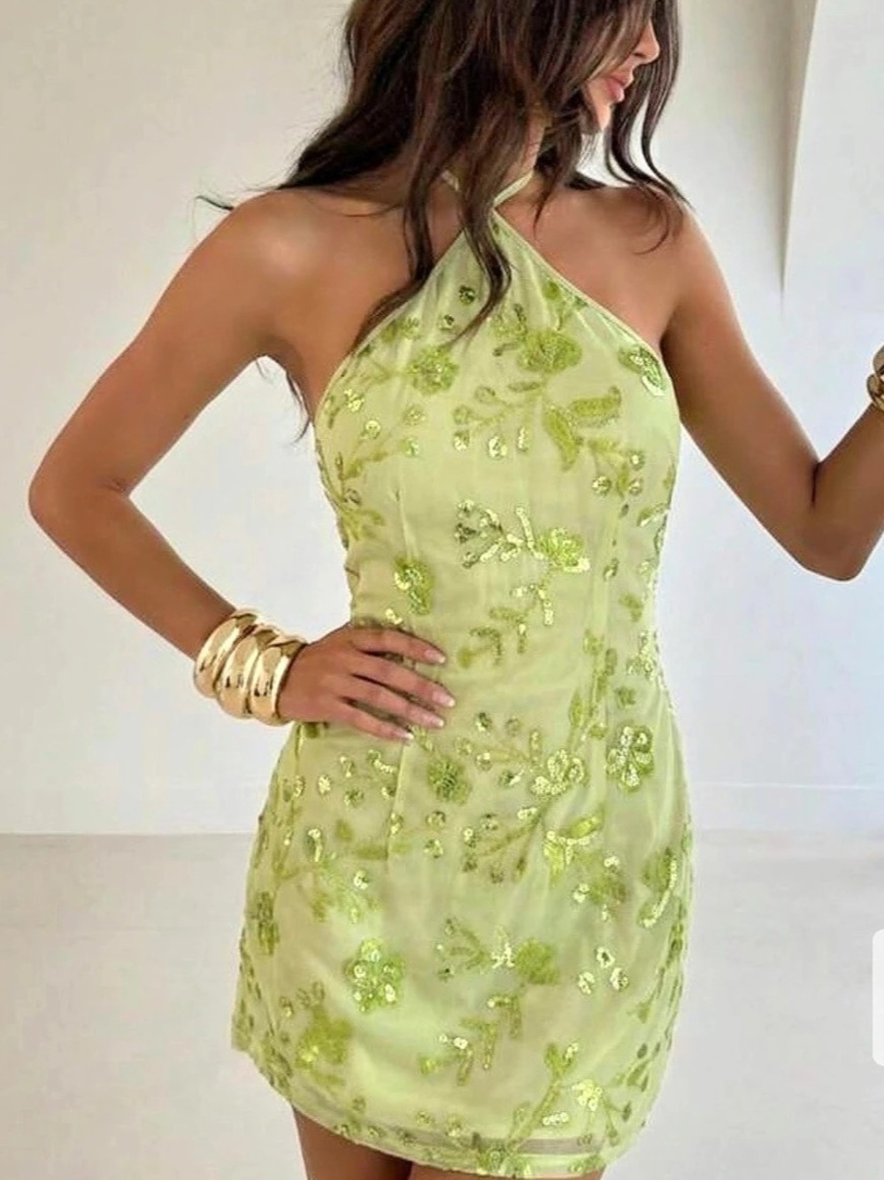 Light Green Sequin Backless Halter Mini Dress